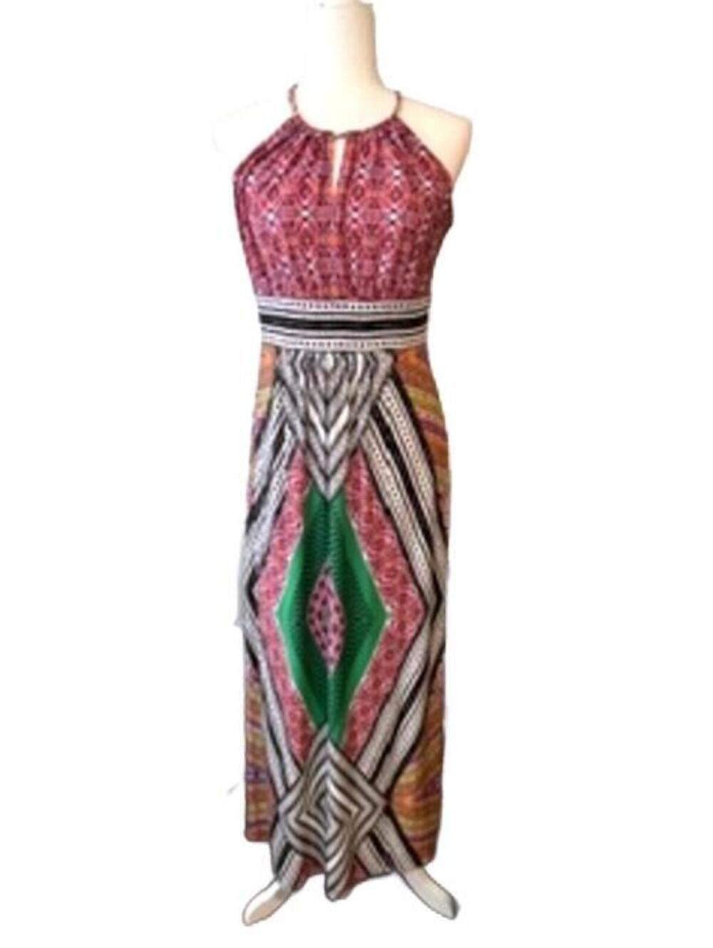 London Times Petites 8P Halter Maxi Dress Multicolor Geometric Print